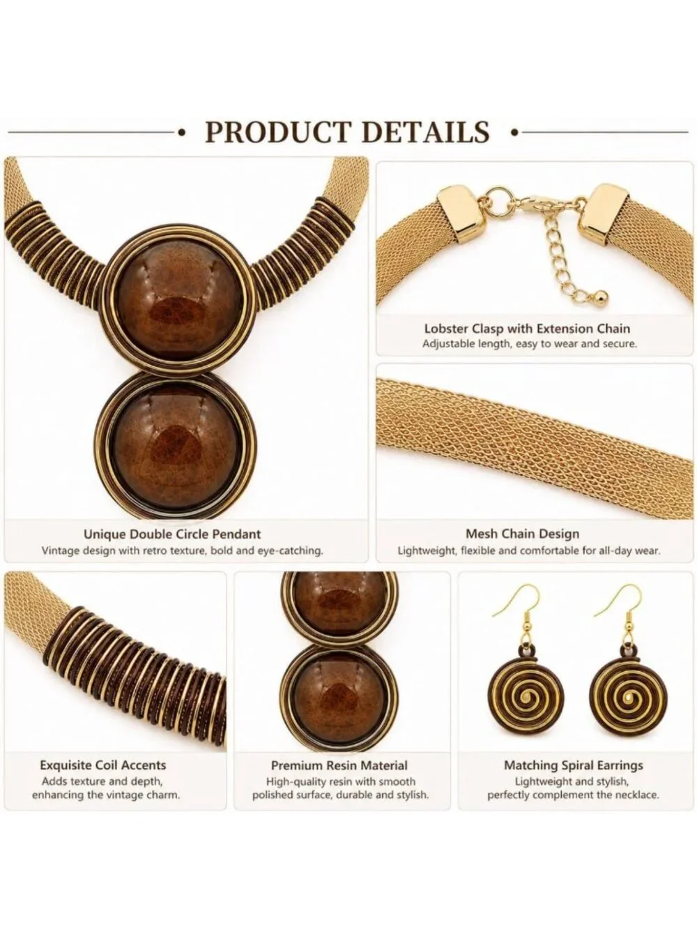 Chunky Gold Mesh Bib Necklace Set with Round Pendant & Spiral Earrings - Artisan